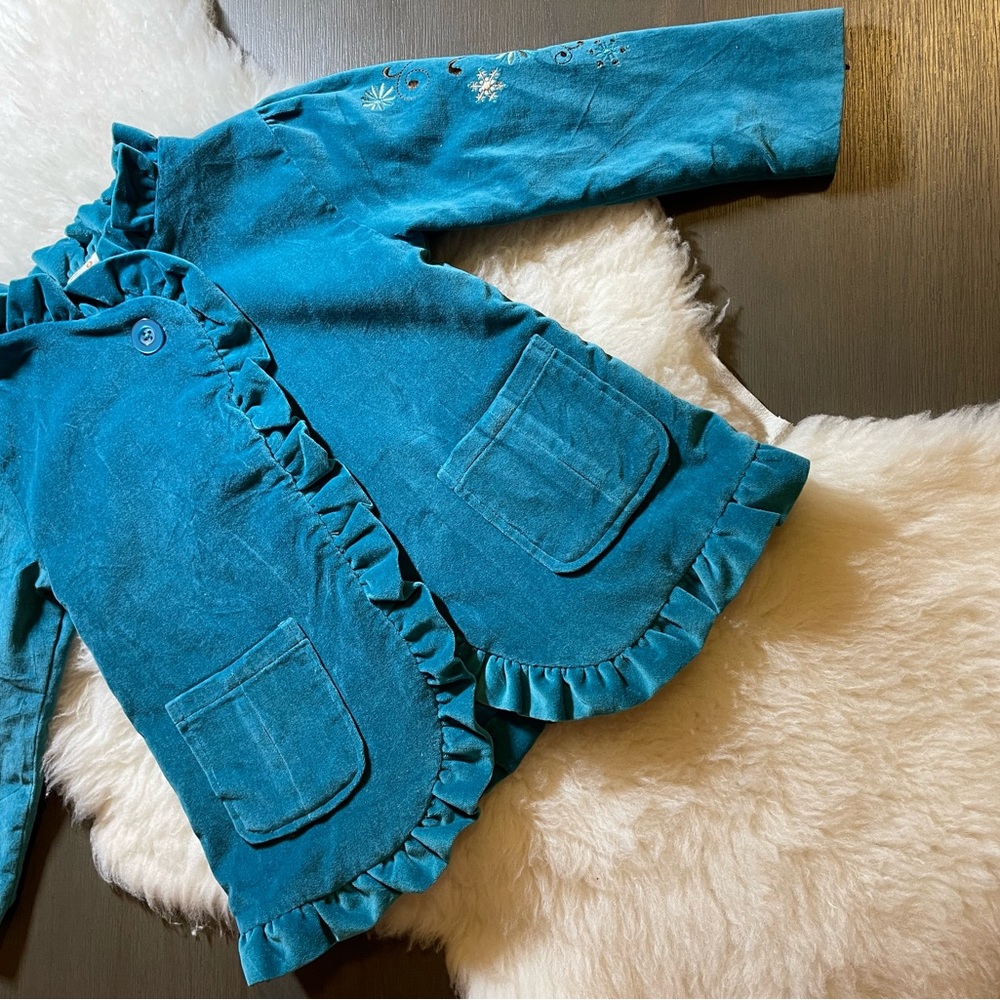 b.t. Kids, Girl’s Velveteen Suit Jacket/Blazer; Embroidery on left arm. Teal.